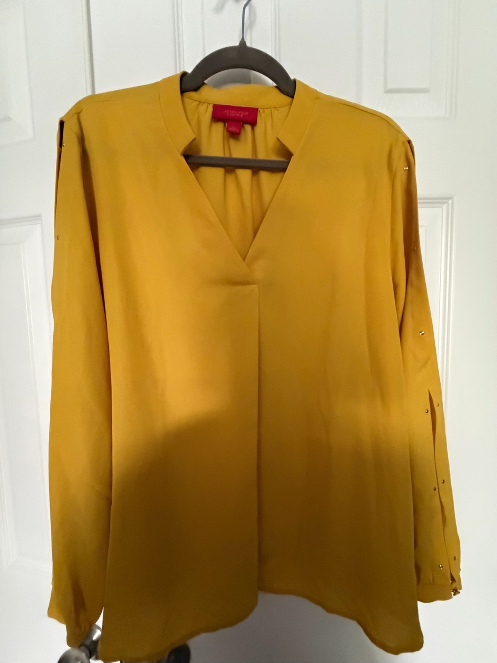 Jennifer Lopez Mustard Split-Neck Long Sleeve Blouse With Open Arms